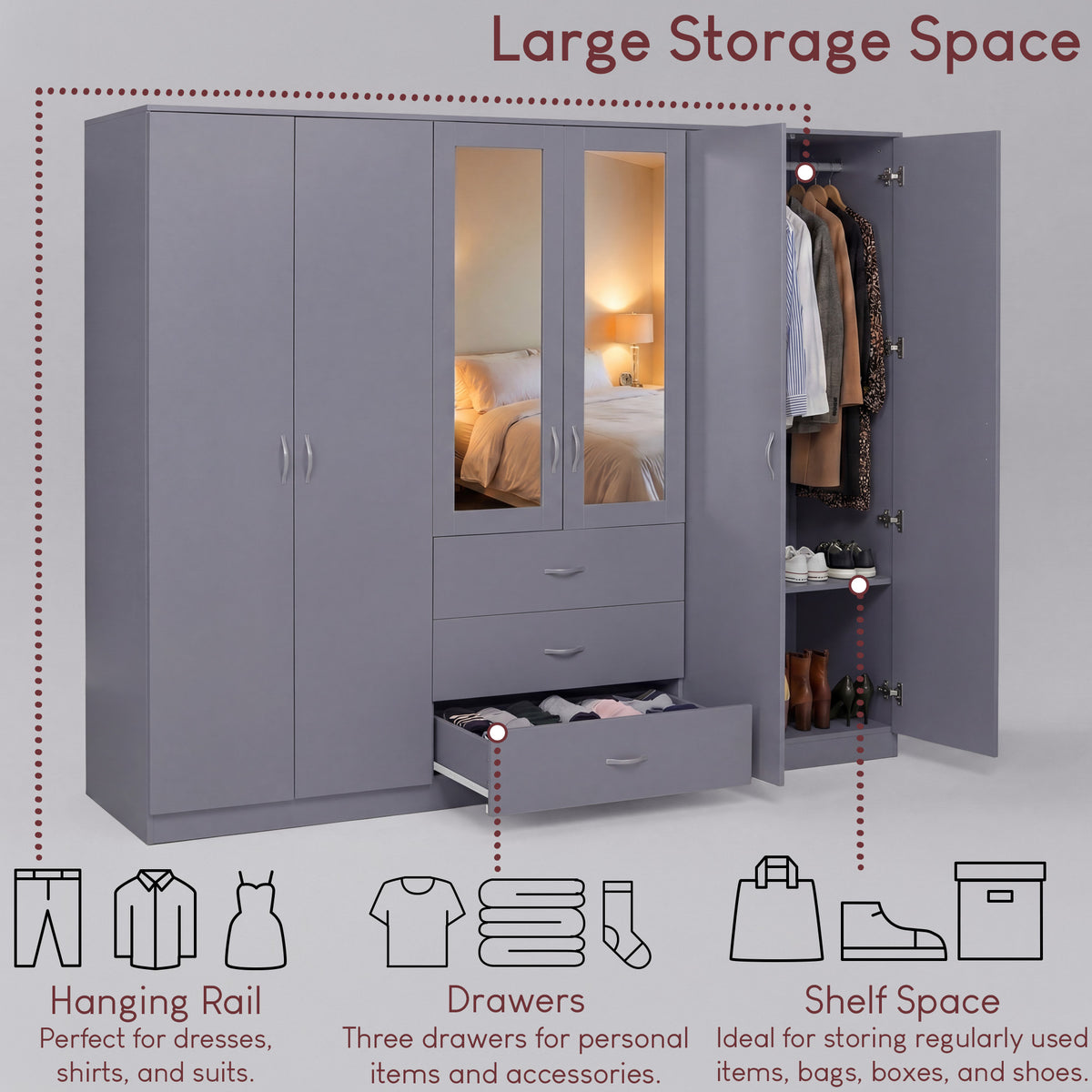 Riano 6 Door 3 Drawer Mirrored Wardrobe- Grey
