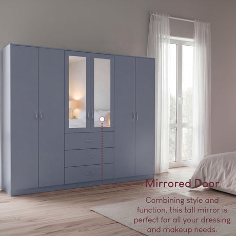 Riano 6 Door 3 Drawer Mirrored Wardrobe- Grey
