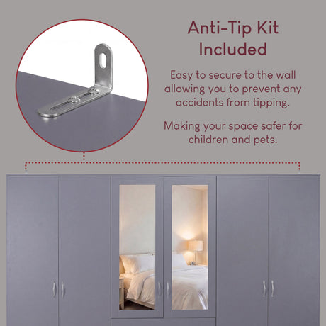 Riano 6 Door 3 Drawer Mirrored Wardrobe- Grey
