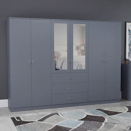 Riano 6 Door 3 Drawer Mirrored Wardrobe- Grey

