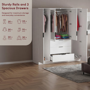 Trega 4 Door 3 Drawer Mirrored Wardrobe – Modern Spacious Bedroom Storage Closet, White