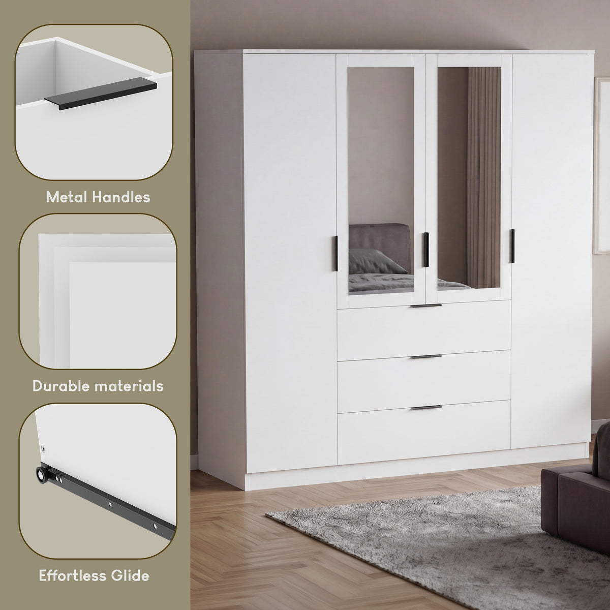 Trega 4 Door 3 Drawer Mirrored Wardrobe – Modern Spacious Bedroom Storage Closet, White