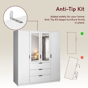 Trega 4 Door 3 Drawer Mirrored Wardrobe – Modern Spacious Bedroom Storage Closet, White