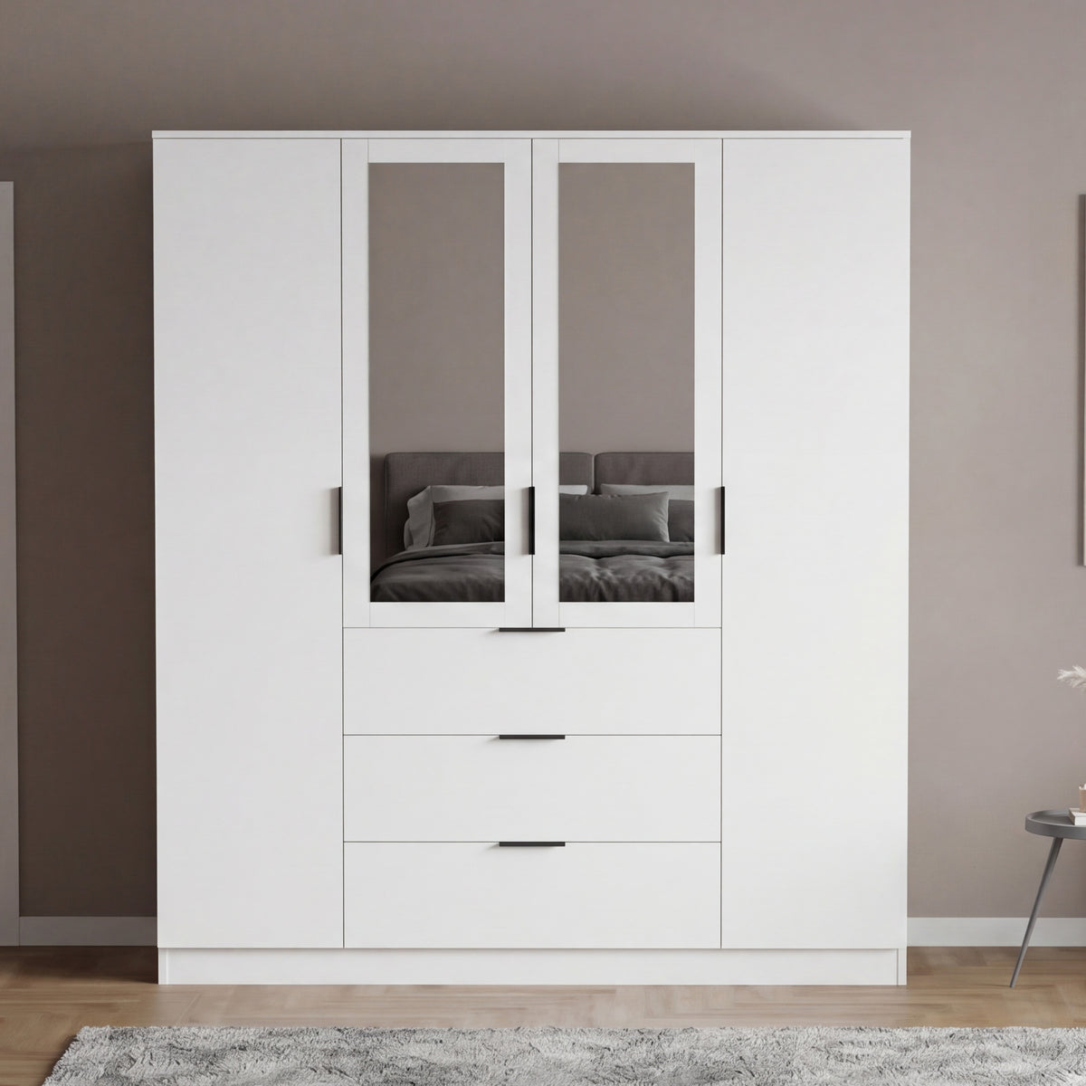 Trega 4 Door 3 Drawer Mirrored Wardrobe, White