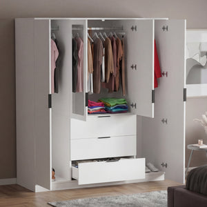 Trega 4 Door 3 Drawer Mirrored Wardrobe – Modern Spacious Bedroom Storage Closet, White