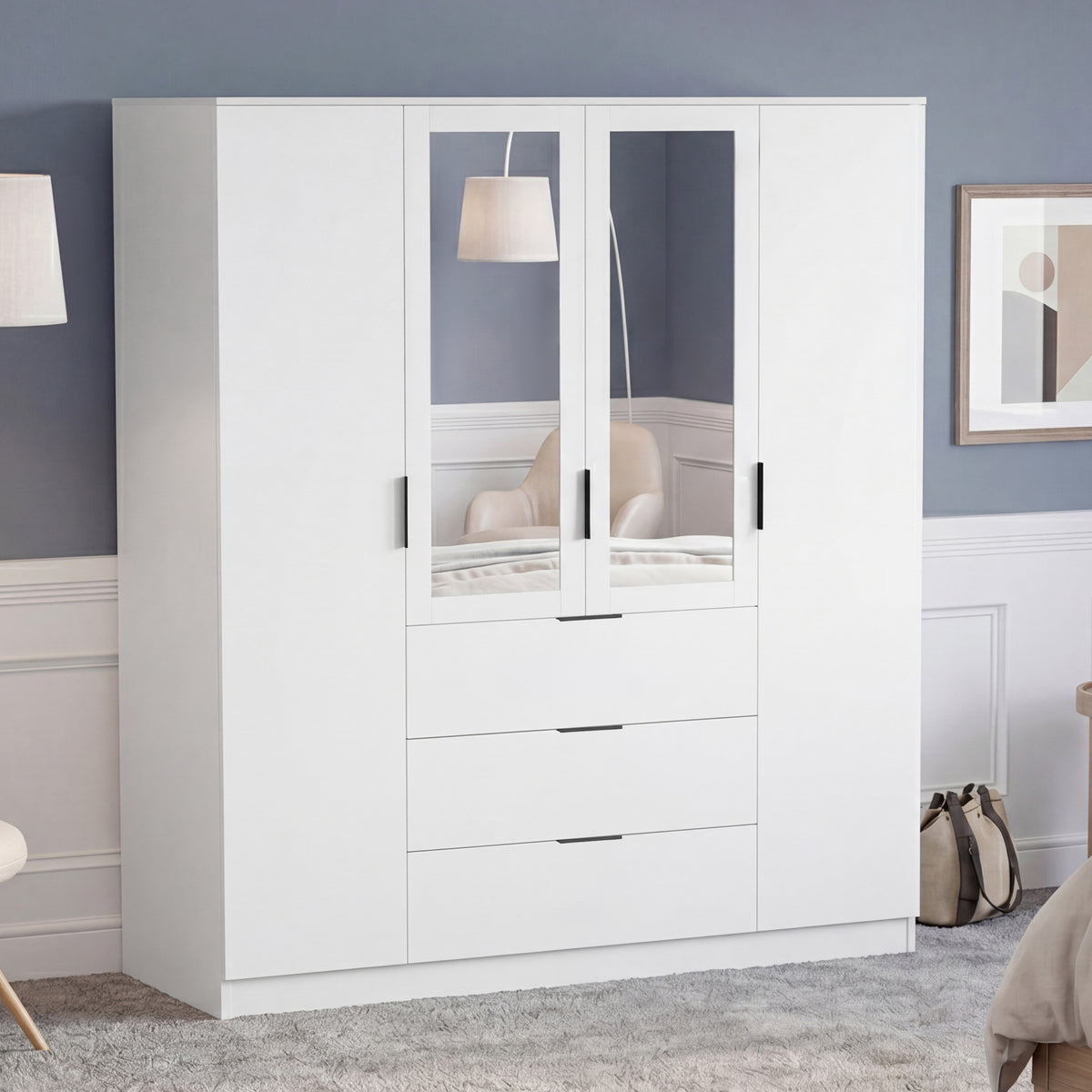 Trega 4 Door 3 Drawer Mirrored Wardrobe – Modern Spacious Bedroom Storage Closet, White