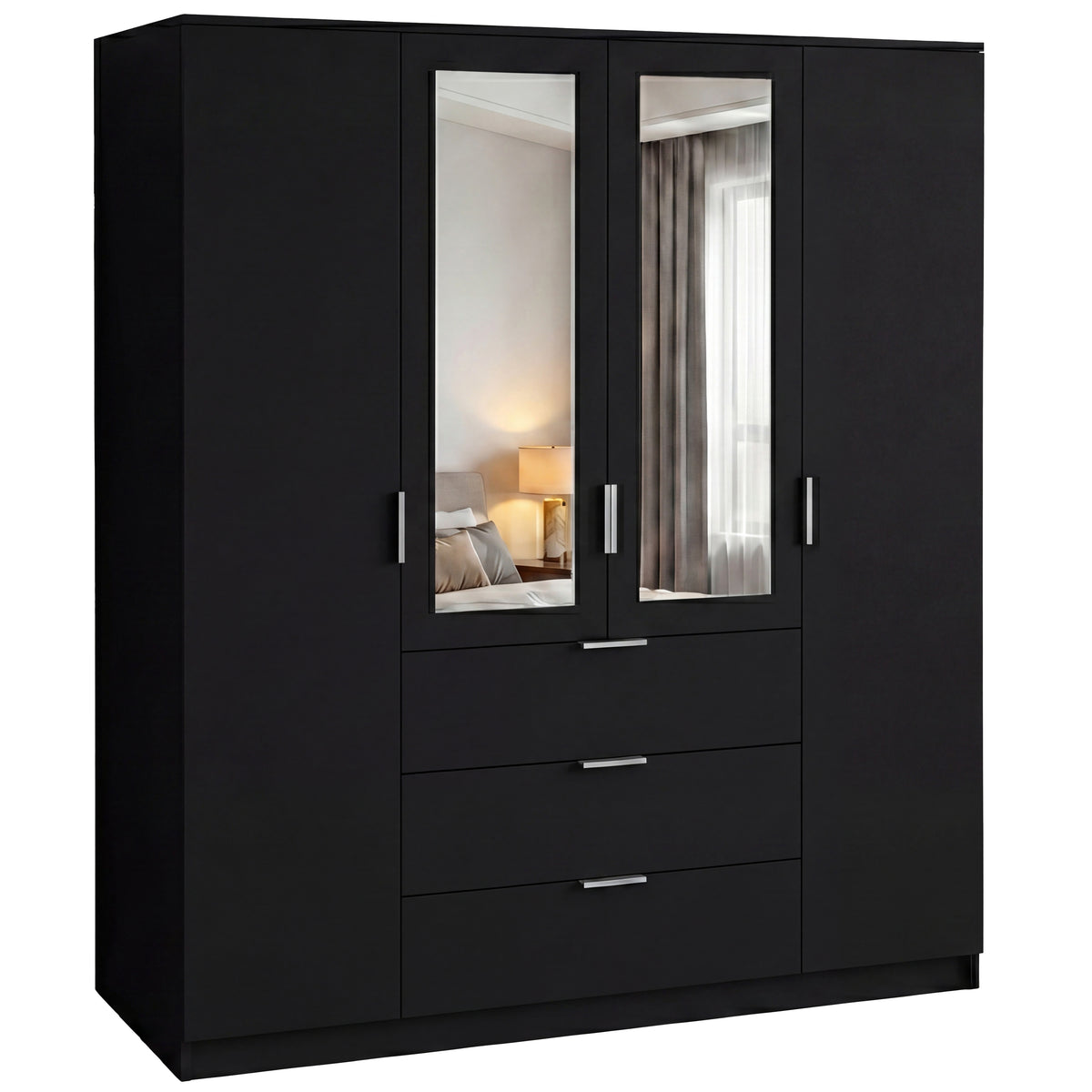 Trega 4 Door 3 Drawer Mirrored Wardrobe – Modern Spacious Bedroom Storage Closet, Black