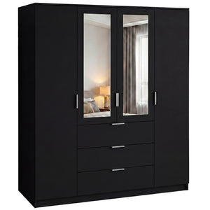 Trega 4 Door 3 Drawer Mirrored Wardrobe – Modern Spacious Bedroom Storage Closet, Black