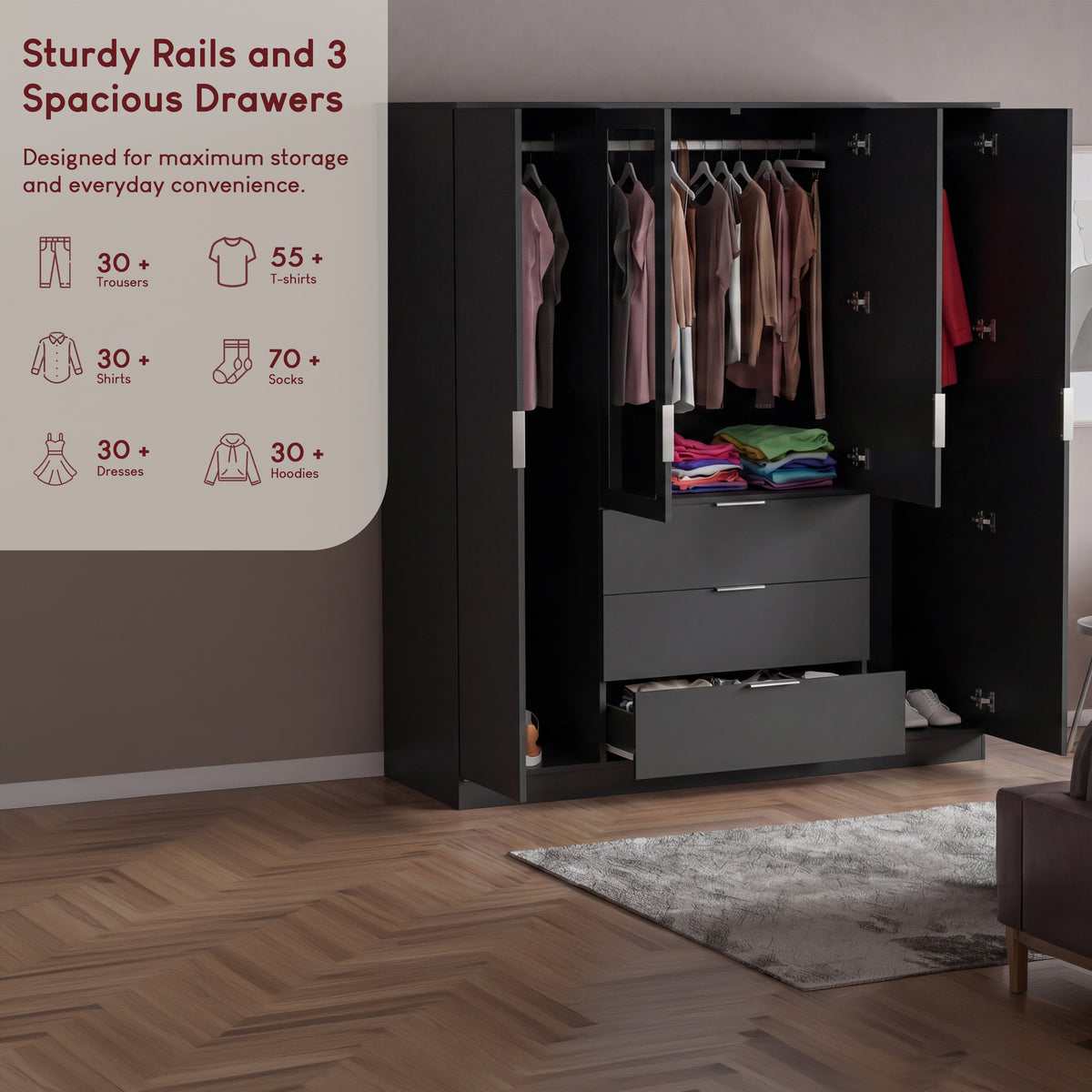 Trega 4 Door 3 Drawer Mirrored Wardrobe – Modern Spacious Bedroom Storage Closet, Black