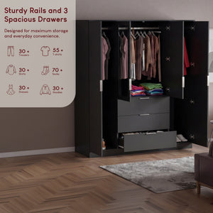 Trega 4 Door 3 Drawer Mirrored Wardrobe – Modern Spacious Bedroom Storage Closet, Black
