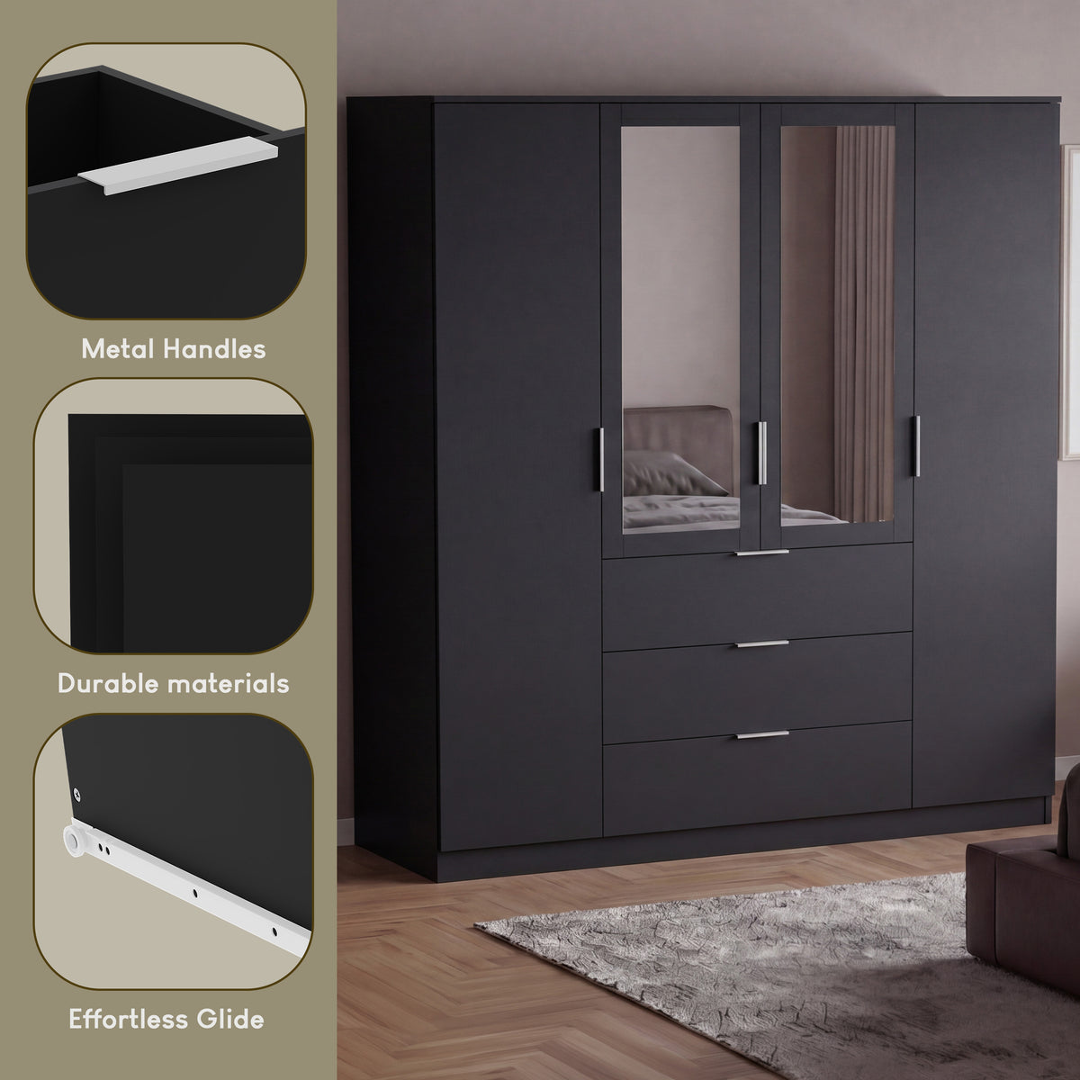 Trega 4 Door 3 Drawer Mirrored Wardrobe – Modern Spacious Bedroom Storage Closet, Black