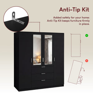 Trega 4 Door 3 Drawer Mirrored Wardrobe – Modern Spacious Bedroom Storage Closet, Black