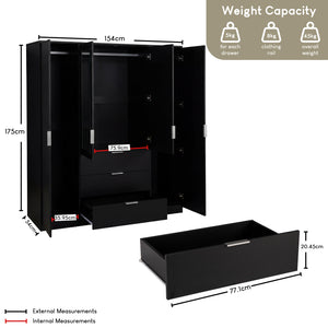 Trega 4 Door 3 Drawer Mirrored Wardrobe – Modern Spacious Bedroom Storage Closet, Black