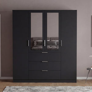 Trega 4 Door 3 Drawer Mirrored Wardrobe, Black