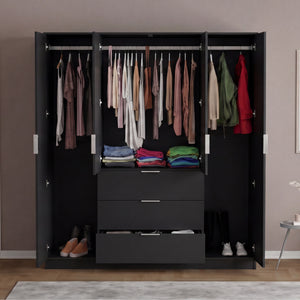 Trega 4 Door 3 Drawer Mirrored Wardrobe, Black