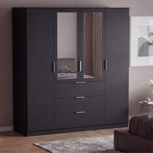Trega 4 Door 3 Drawer Mirrored Wardrobe, Black