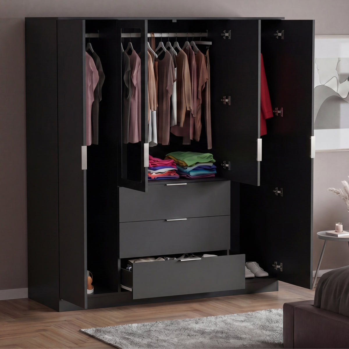 Trega 4 Door 3 Drawer Mirrored Wardrobe, Black