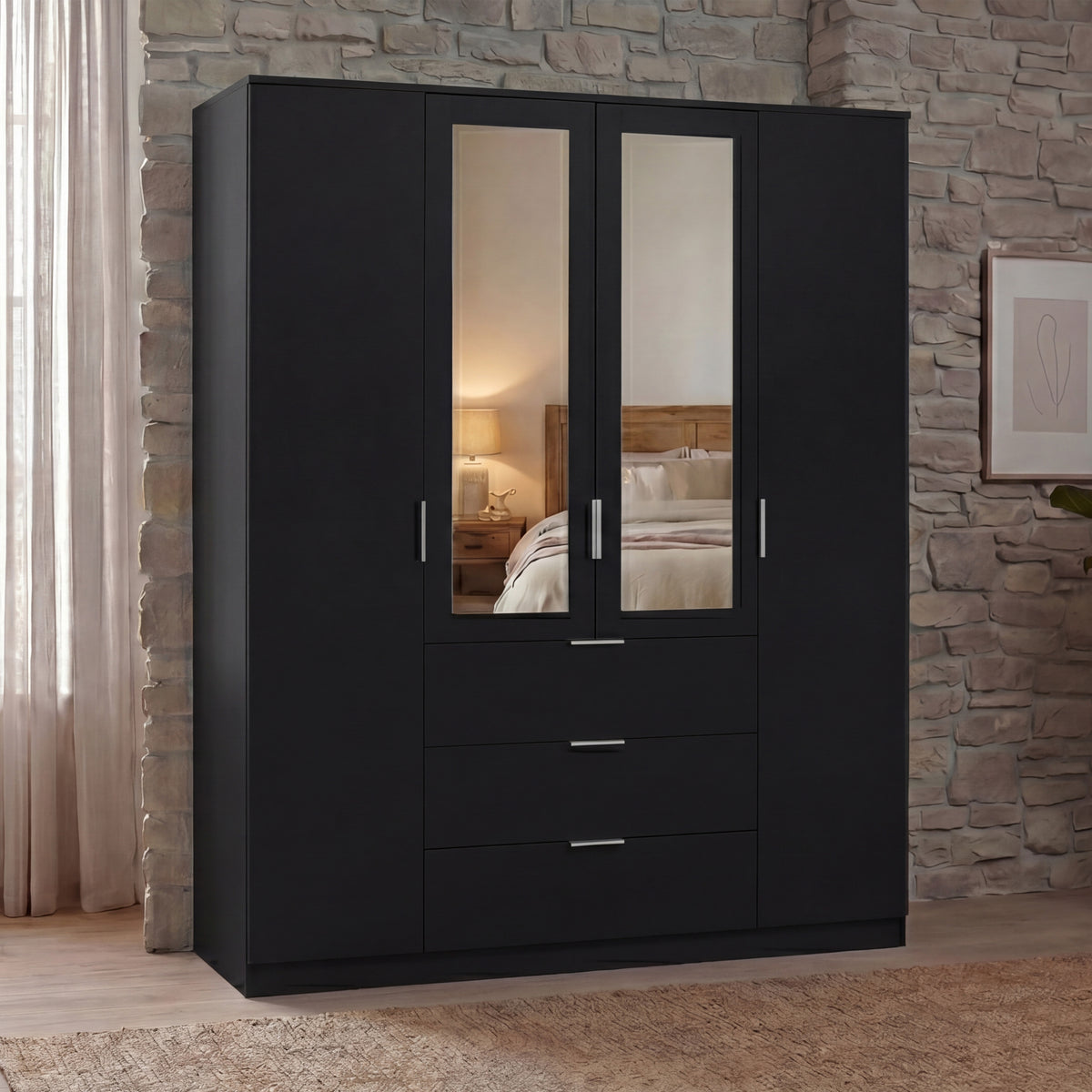 Trega 4 Door 3 Drawer Mirrored Wardrobe – Modern Spacious Bedroom Storage Closet, Black