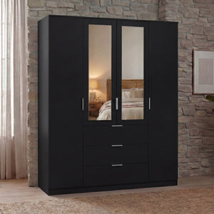 Trega 4 Door 3 Drawer Mirrored Wardrobe – Modern Spacious Bedroom Storage Closet, Black
