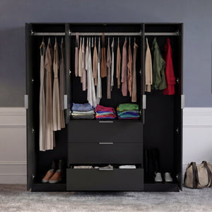 Trega 4 Door 3 Drawer Mirrored Wardrobe – Modern Spacious Bedroom Storage Closet, Black