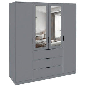 Trega 4 Door 3 Drawer Mirrored Wardrobe – Modern Spacious Bedroom Storage Closet, Grey