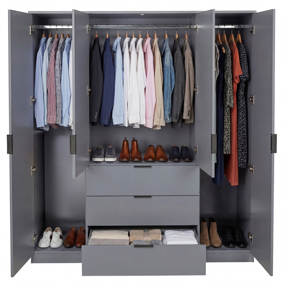 Trega 4 Door 3 Drawer Mirrored Wardrobe – Modern Spacious Bedroom Storage Closet, Grey