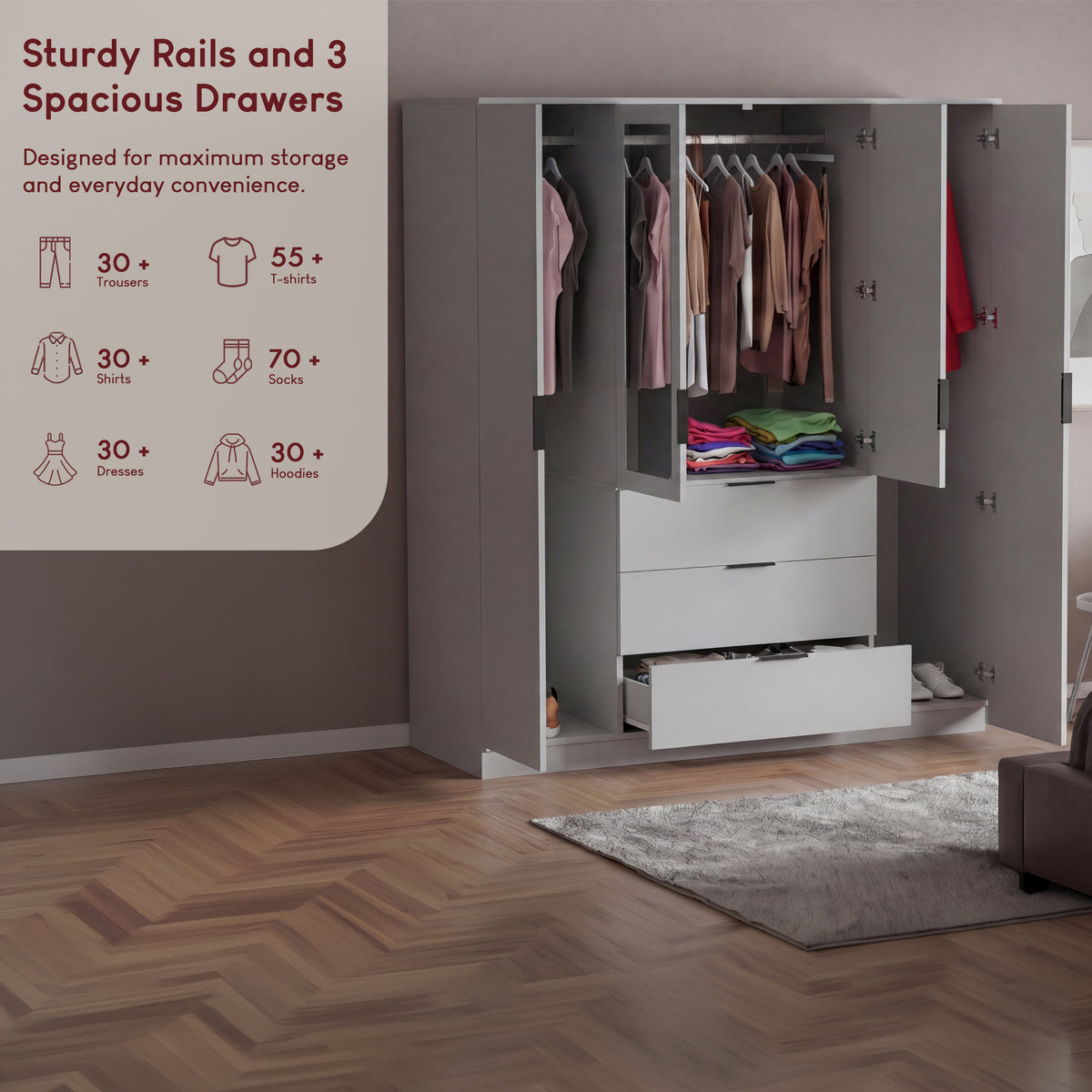 Trega 4 Door 3 Drawer Mirrored Wardrobe – Modern Spacious Bedroom Storage Closet, Grey