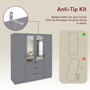 Trega 4 Door 3 Drawer Mirrored Wardrobe – Modern Spacious Bedroom Storage Closet, Grey