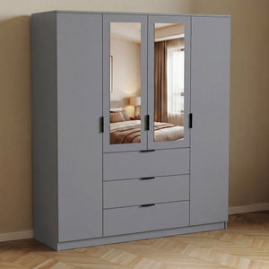 Trega 4 Door 3 Drawer Mirrored Wardrobe – Modern Spacious Bedroom Storage Closet, Grey