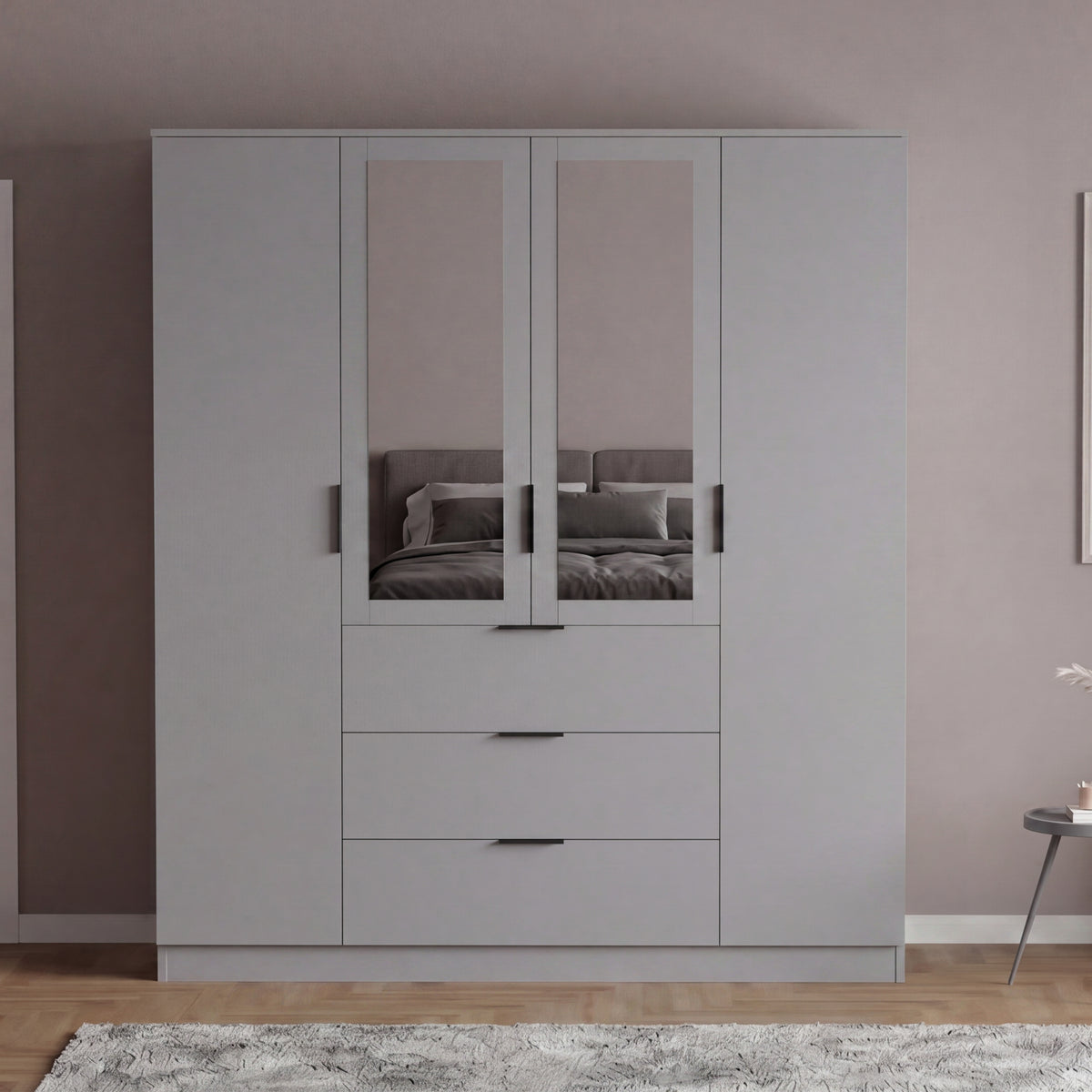 Trega 4 Door 3 Drawer Mirrored Wardrobe – Modern Spacious Bedroom Storage Closet, Grey