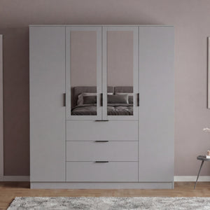Trega 4 Door 3 Drawer Mirrored Wardrobe – Modern Spacious Bedroom Storage Closet, Grey