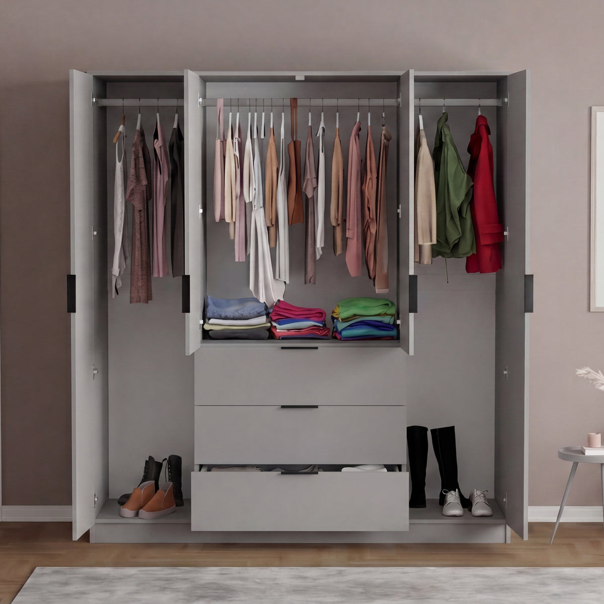 Trega 4 Door 3 Drawer Mirrored Wardrobe – Modern Spacious Bedroom Storage Closet, Grey