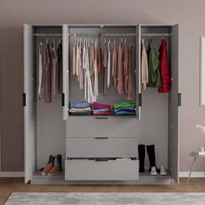 Trega 4 Door 3 Drawer Mirrored Wardrobe – Modern Spacious Bedroom Storage Closet, Grey