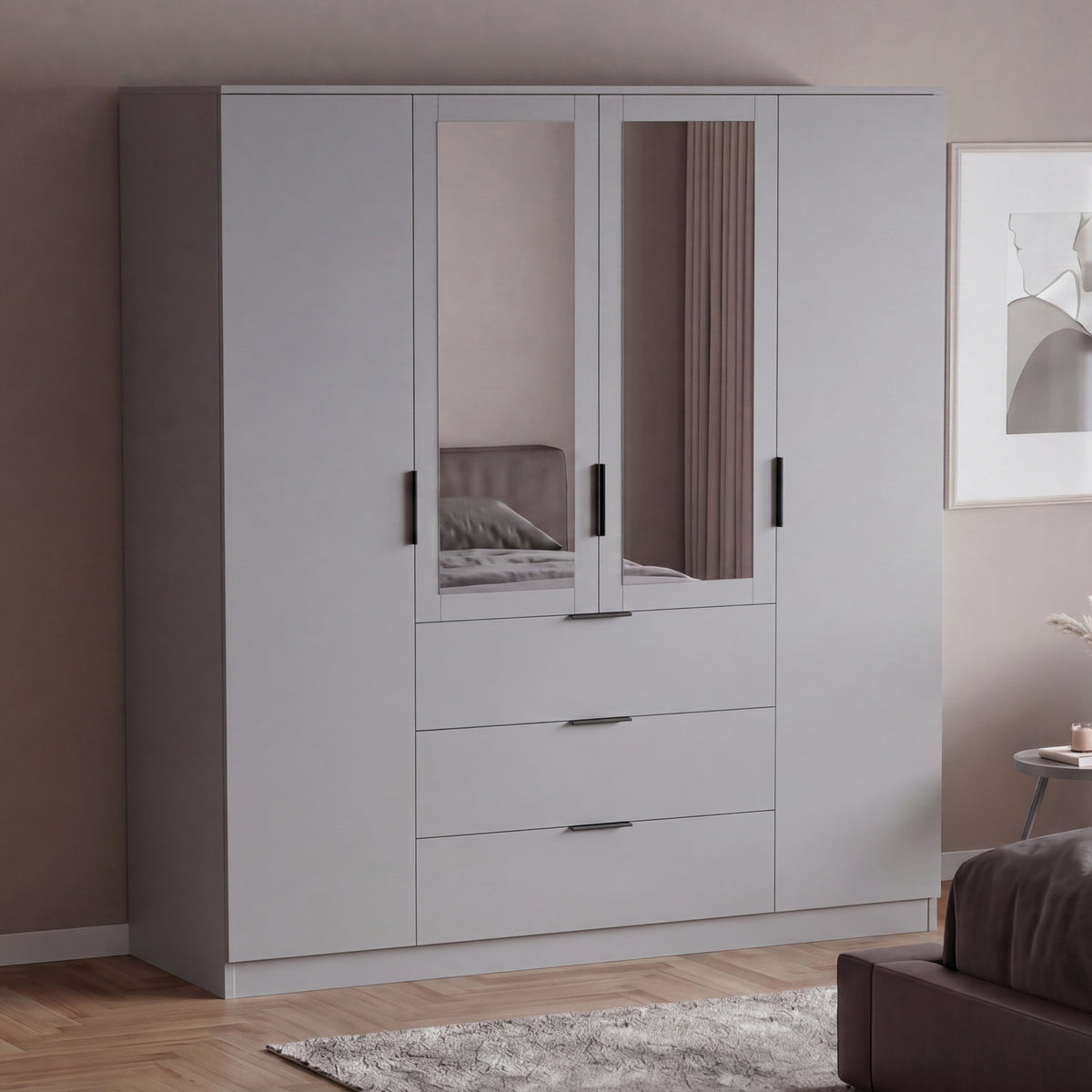 Trega 4 Door 3 Drawer Mirrored Wardrobe – Modern Spacious Bedroom Storage Closet, Grey