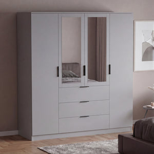 Trega 4 Door 3 Drawer Mirrored Wardrobe – Modern Spacious Bedroom Storage Closet, Grey