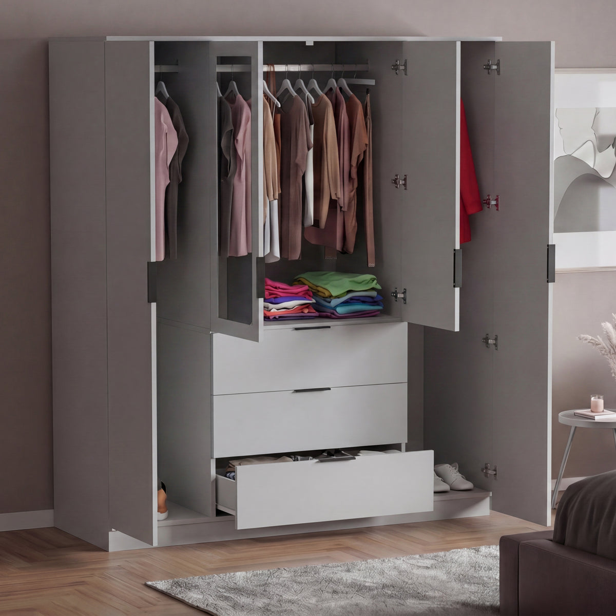Trega 4 Door 3 Drawer Mirrored Wardrobe – Modern Spacious Bedroom Storage Closet, Grey