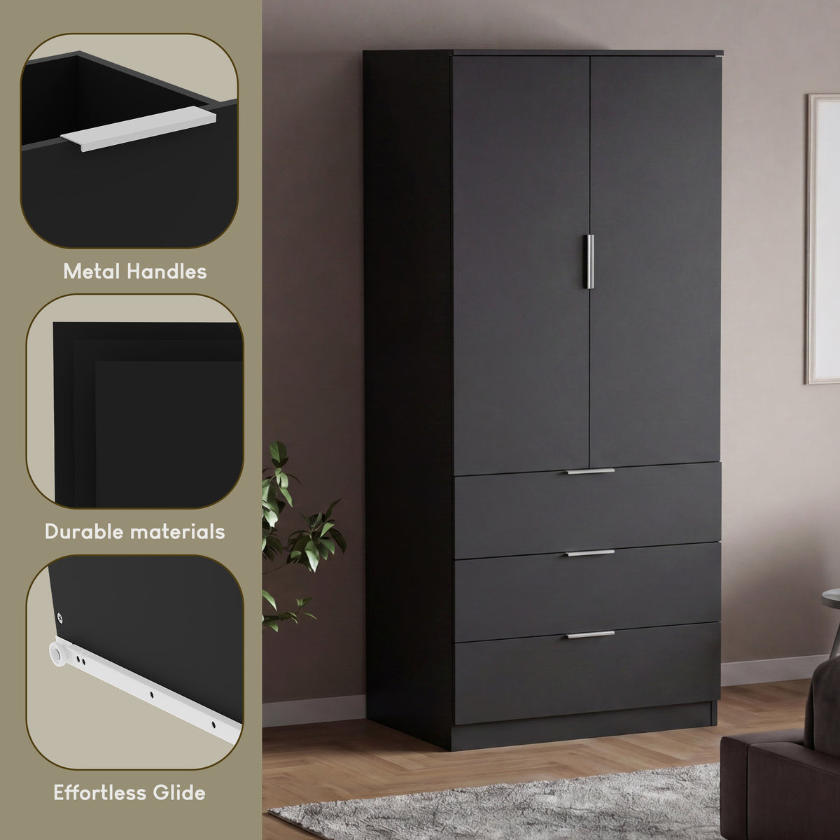 Trega 2 Door 3 Drawer Wardrobe – Modern Spacious Bedroom Storage Closet, Black