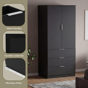 Trega 2 Door 3 Drawer Wardrobe – Modern Spacious Bedroom Storage Closet, Black