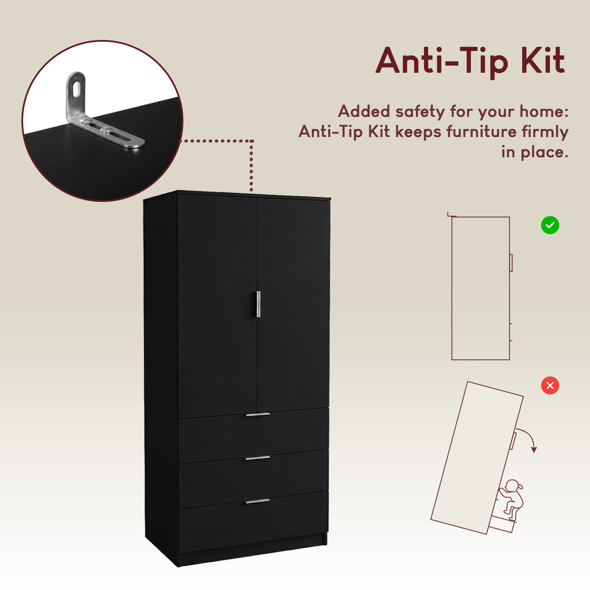 Trega 2 Door 3 Drawer Wardrobe – Modern Spacious Bedroom Storage Closet, Black