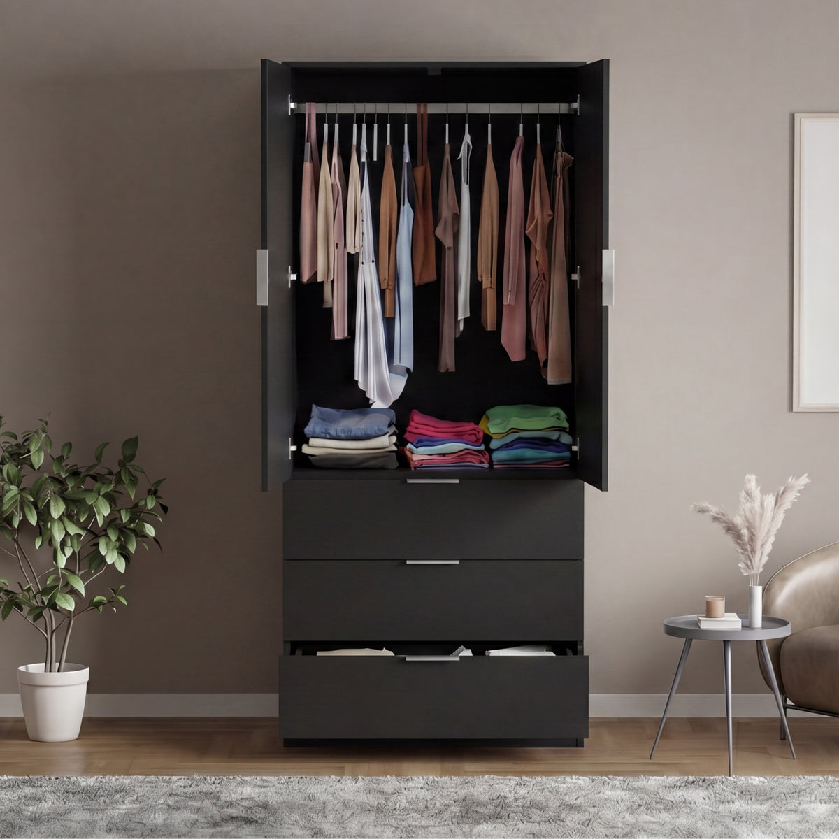 Trega 2 Door 3 Drawer Wardrobe, Black