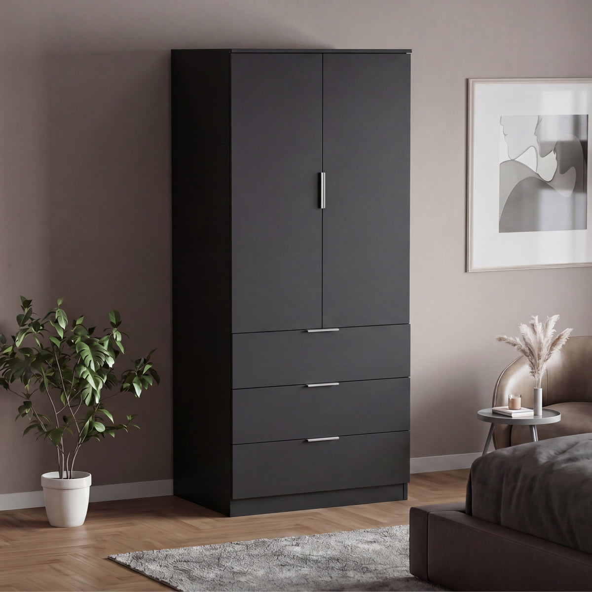 Trega 2 Door 3 Drawer Wardrobe, Black