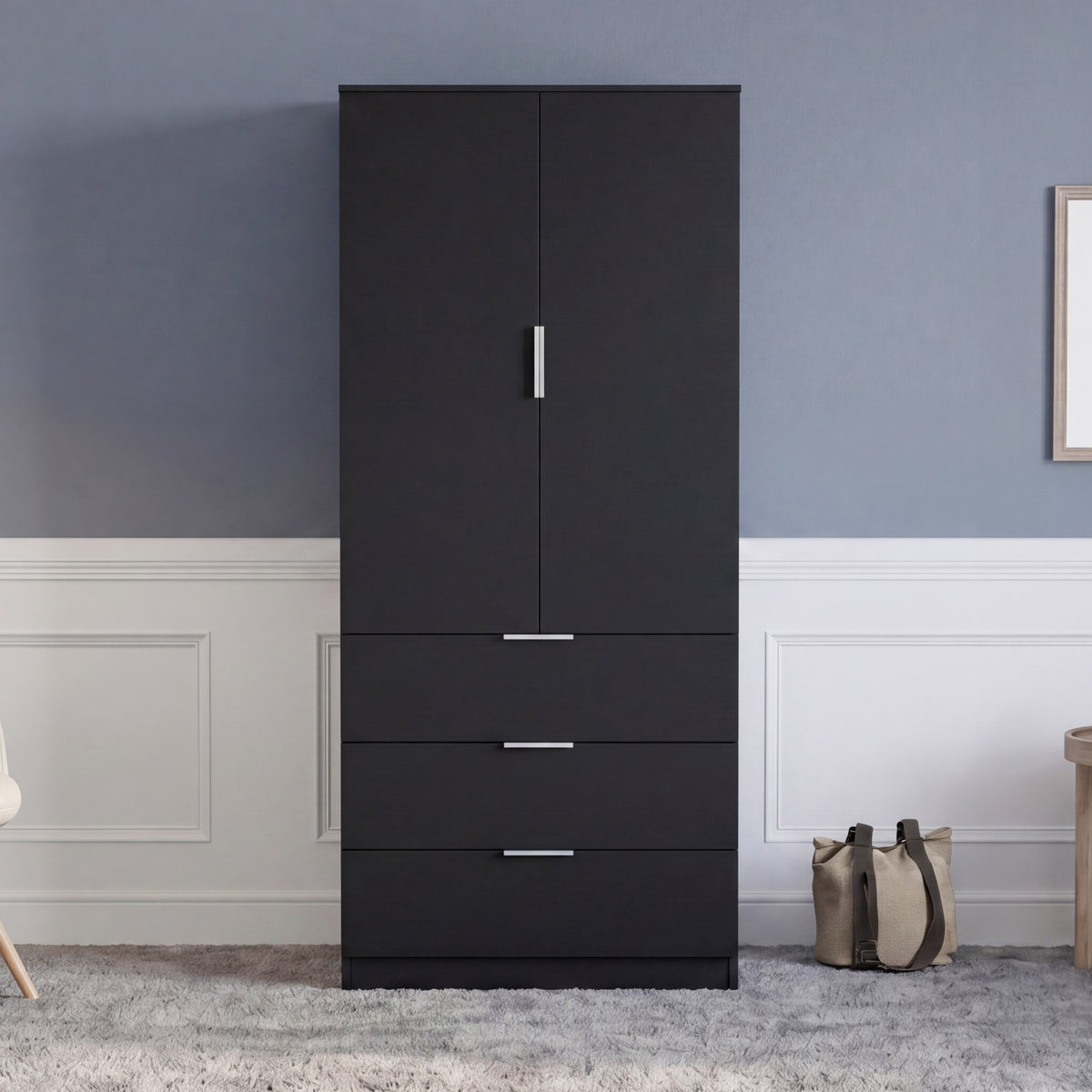 Trega 2 Door 3 Drawer Wardrobe – Modern Spacious Bedroom Storage Closet, Black