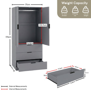 Trega 2 Door 3 Drawer Wardrobe – Modern Spacious Bedroom Storage Closet, Grey