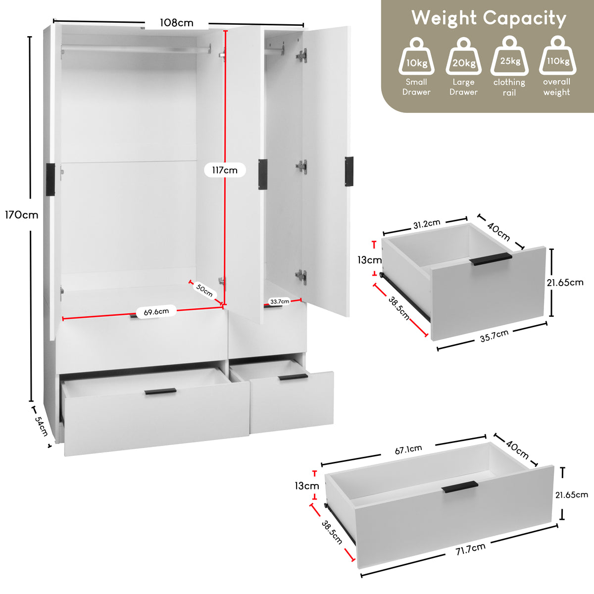 Trega 3 Door 4 Drawer Wardrobe – Modern Spacious Bedroom Storage Closet, White