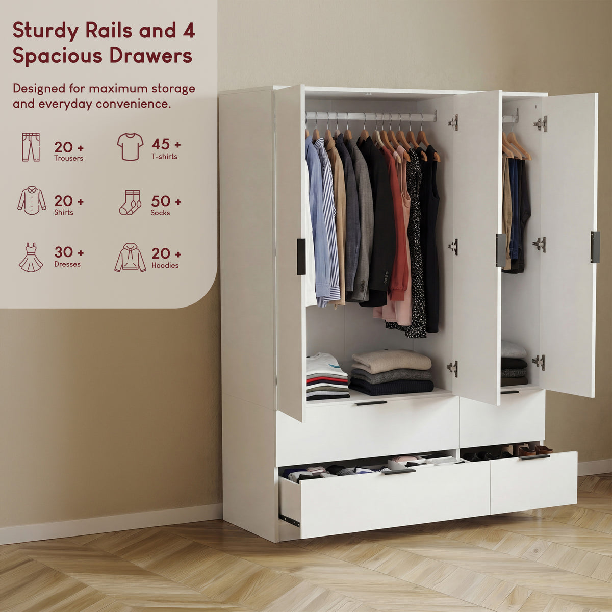 Trega 3 Door 4 Drawer Wardrobe – Modern Spacious Bedroom Storage Closet, White