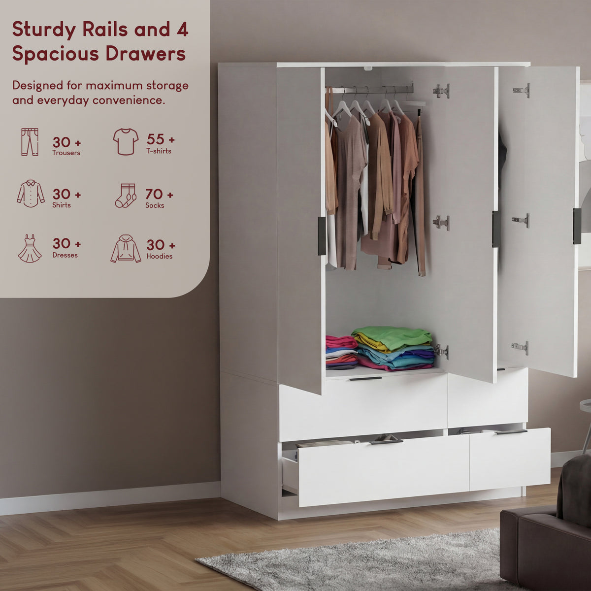 Trega 3 Door 4 Drawer Wardrobe, White