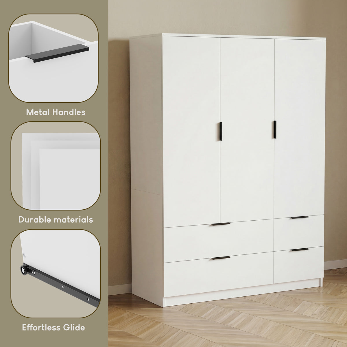 Trega 3 Door 4 Drawer Wardrobe – Modern Spacious Bedroom Storage Closet, White