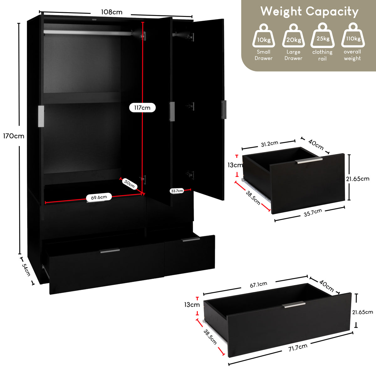 Trega 3 Door 4 Drawer Wardrobe – Modern Spacious Bedroom Storage Closet, Black