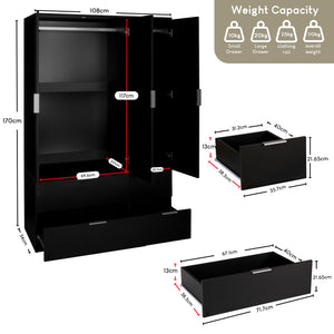 Trega 3 Door 4 Drawer Wardrobe – Modern Spacious Bedroom Storage Closet, Black