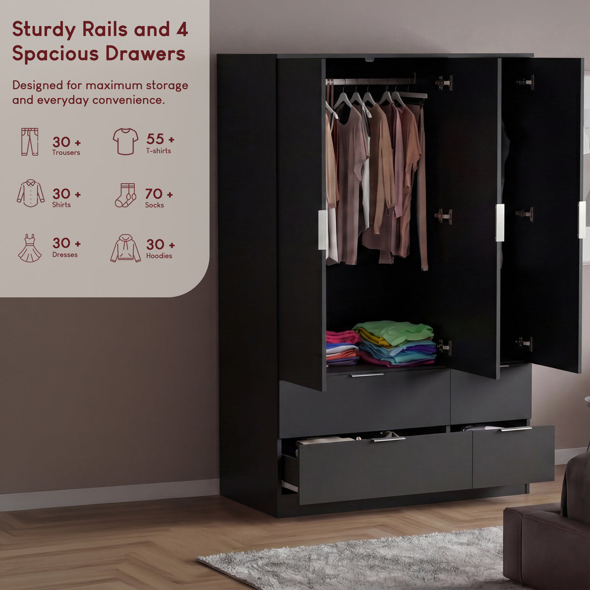 Trega 3 Door 4 Drawer Wardrobe – Modern Spacious Bedroom Storage Closet, Black
